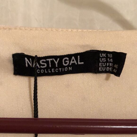 Nasty Gal 14 Well Spotted Peplum Bell Sleeve Faux Wrap Cream Brown Polka Top - Picture 10 of 16